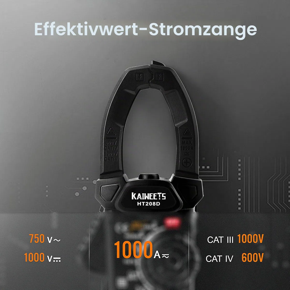 Einschaltstrom Stromzange 1000A True-RMS AC/DC-Zangenmultimeter, VFD, LOZ-Modus, 6000 Zähler, Misst Strom Spannung Temperatur Kapazität widerstand Dioden Kontinuität (HT208D)