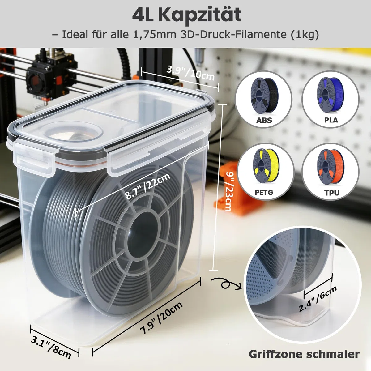 Filament Aufbewahrungsbox, 6 Stück Filament Box für 3D-Druck-Filament Versiegelung und Schutz, Wasser- und Staubdichte Filamentaufbewahrung mit Trockenmittel & Etiketten 4,0L