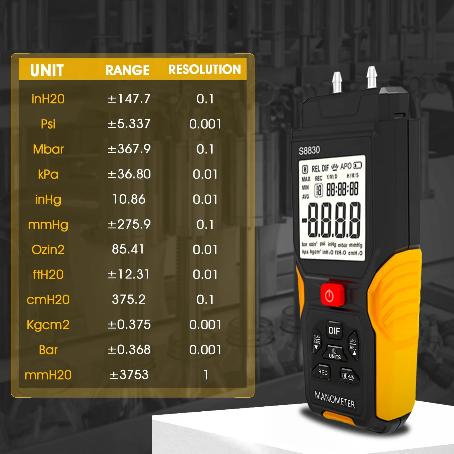 Differenzdruckmessgerät Digital Manometer GR-T9-S8830 Professioneller Druckmessgerät mit zwei Anschlüssen LCD-Druckmesser mit Hintergrundbeleuchtung für die Prüfung von Erdgasleitungen usw