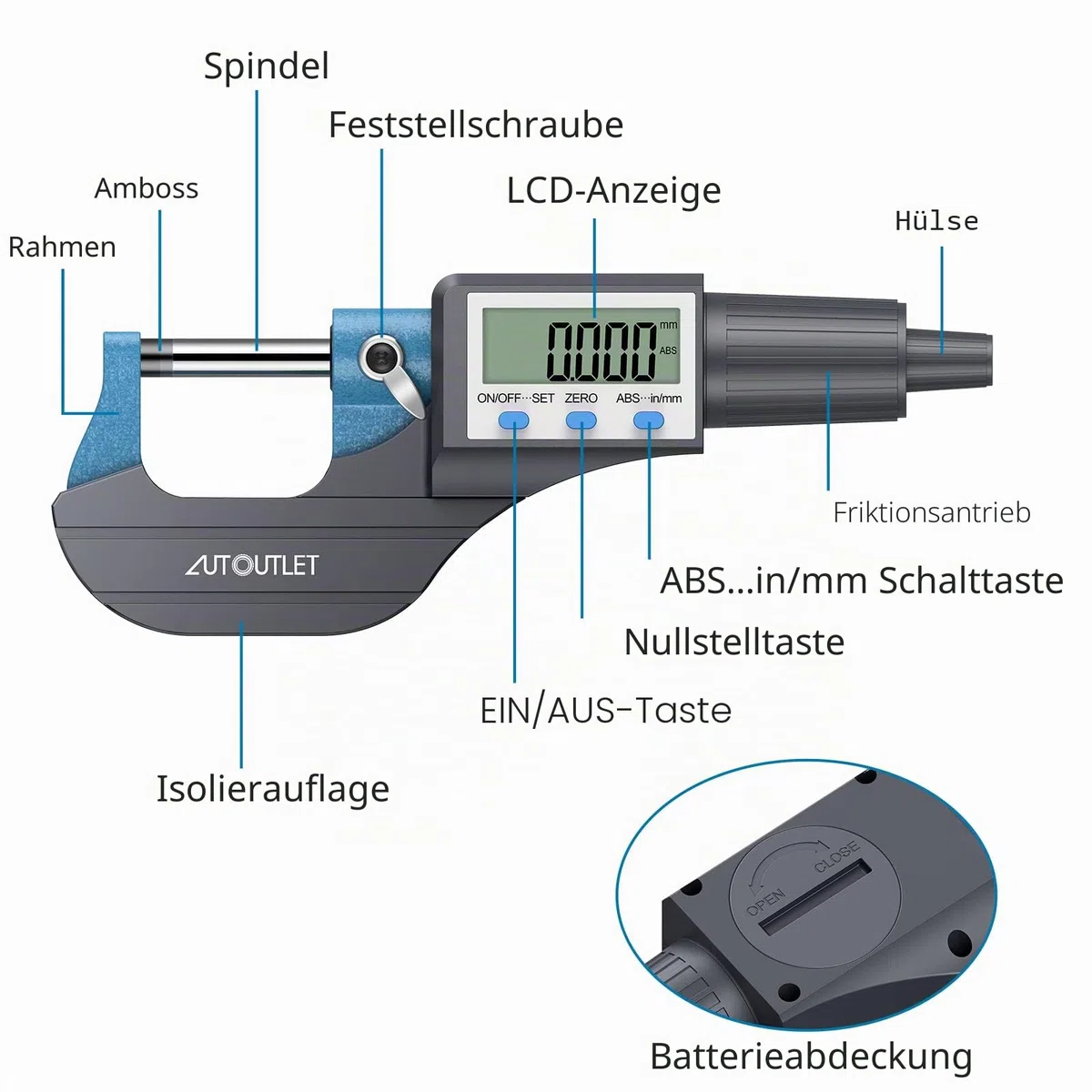 AUTOUTLET Micrometer Digitale Bügelmessschraube 0-25mm/ 0.001mm, Hohe Präzision LCD Digitale Mikrometer Mikrometerschieber Länge Messwerkzeug Mikrometer 0.001mm(0.00005")