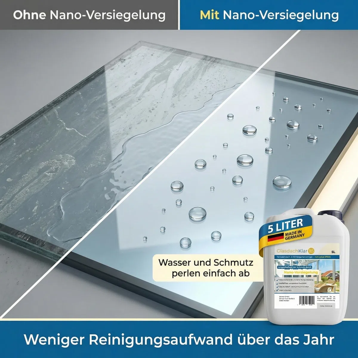 Glasdachklar365 Terrassendach- und Wintergarten Reiniger | Terassendach reinigen | Langanhaltender Schutz mit Nano-Versiegelung für Wintergärten 5 Liter