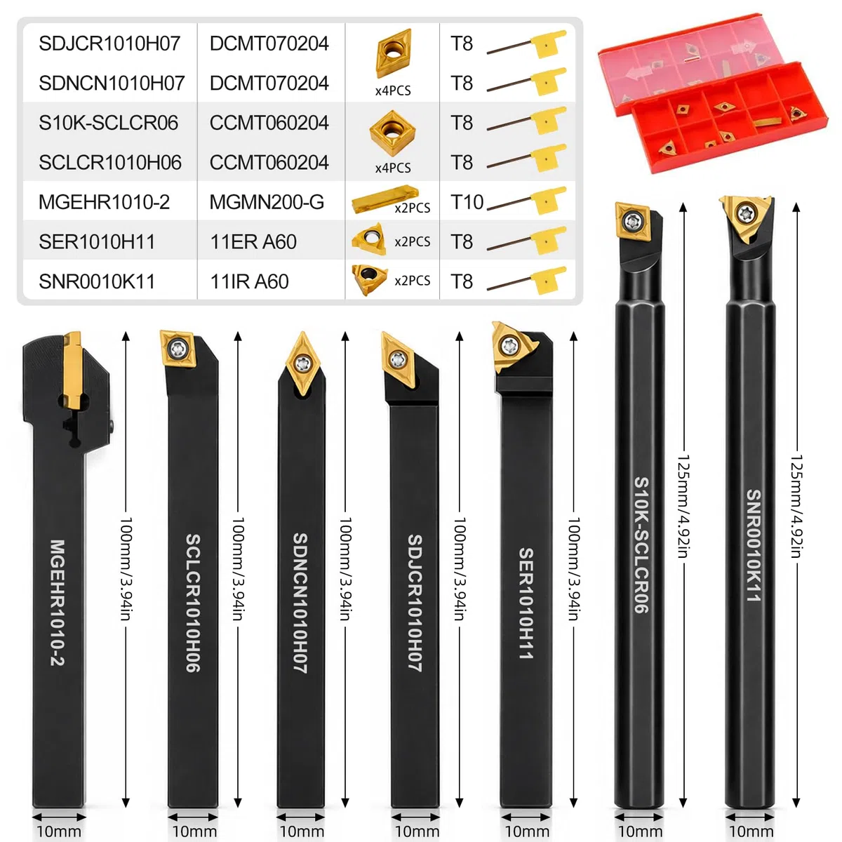 Drehmeißel mit Hartmetall Wendeschneidplatten Set, 28er Drehwerkzeughalter Wendeplatten Set mit 7 Pcs 10x10 mm Drehstahl Bohrstange, 14 Pcs Hartmetalleinsätze, 7 Pcs Schraubenschlüssel