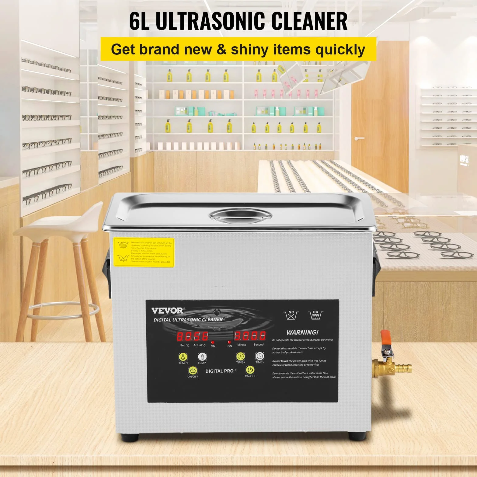 VEVOR 6L Verbesserter Ultraschallreiniger (200 W Heizung, 180 W Ultraschall) Professioneller digitaler Labor-Ultraschall-Teilereiniger mit Heizungstimer für die Reinigung von Schmuck, Brillen
