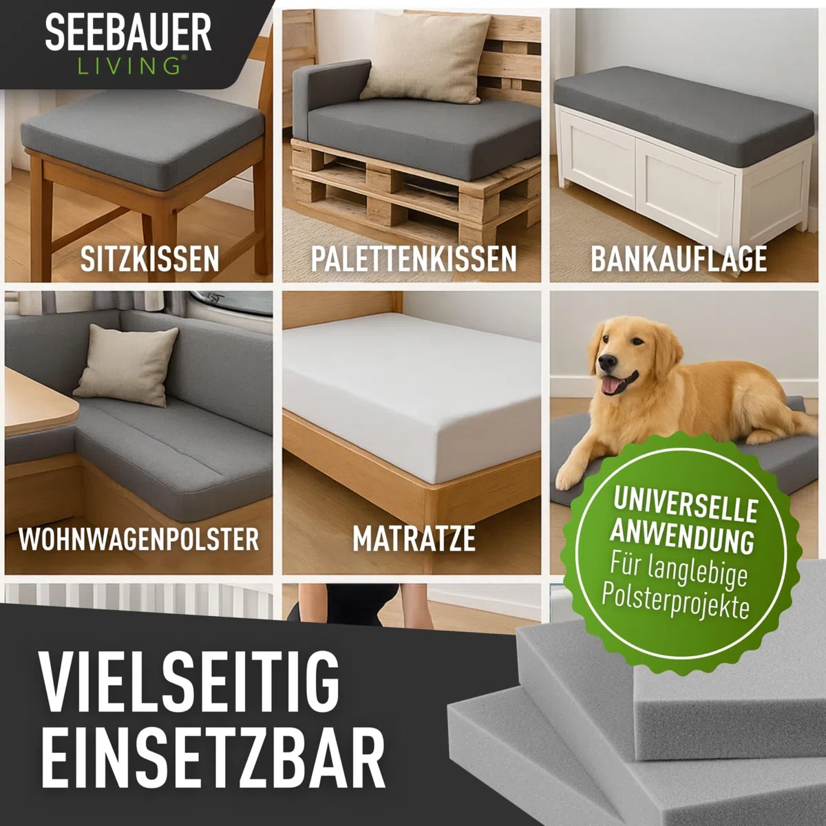 Schaumstoff-Set MEDIUM RG 35/40 (Mittelfest) 45 x 45 x 5 cm (4er Vorteilspack) Schaumstoffplatte für Polster und Sitzkissen, Polsterschaumstoff als Zuschnitt für Sitzpolster
