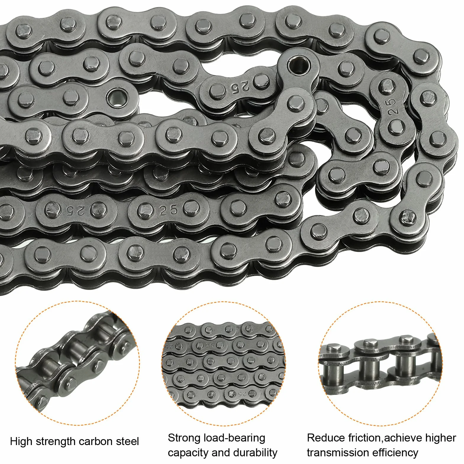 sourcing map #25/04C-1 Rollenkette, 3 m, 0,6 cm Teilung, Karbonstahl, Rollenketten mit 2 kostenlosen Master-Verbindungsgliedern für Mini-Bikes, Motorräder, 480 Glieder