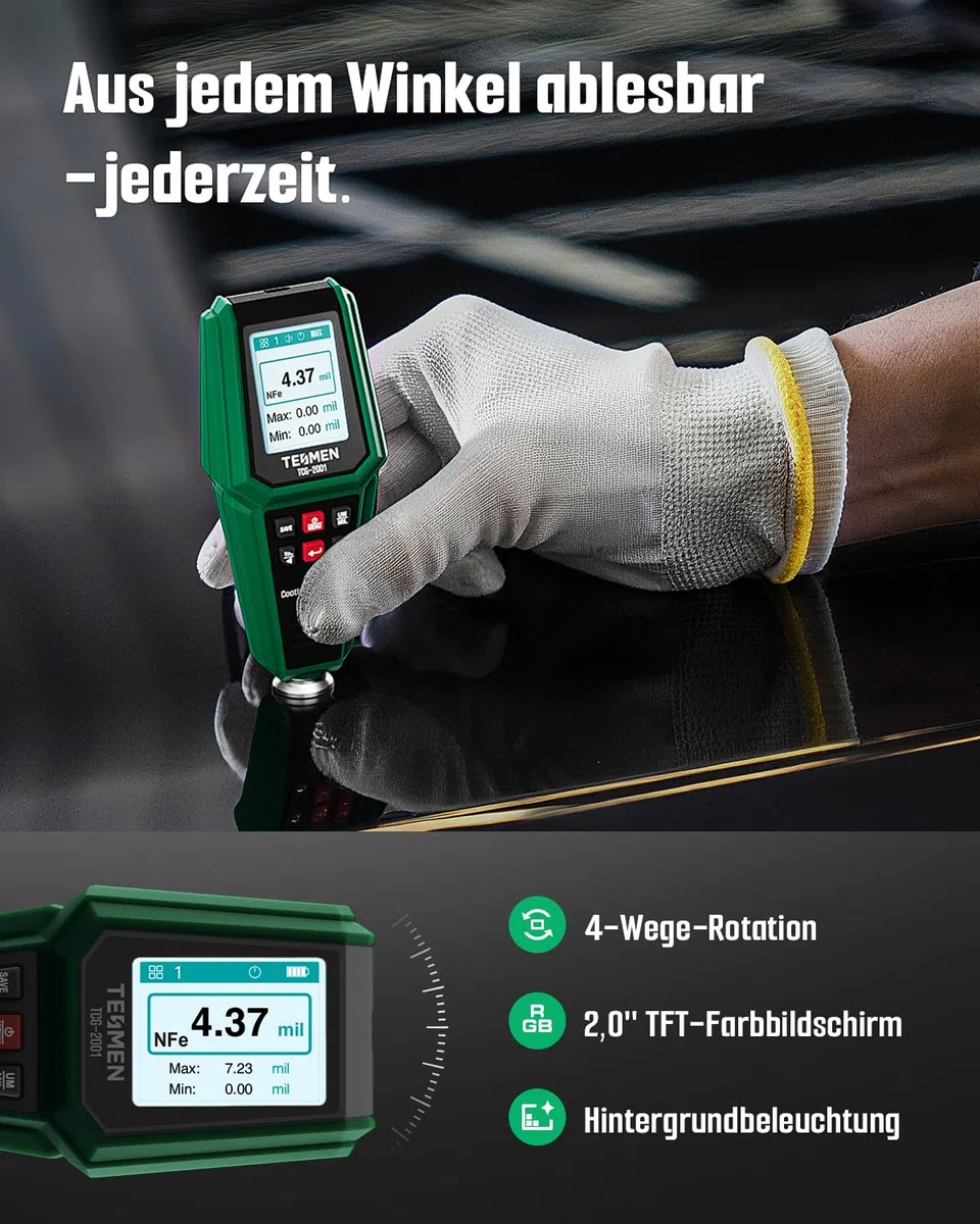 TESMEN TCG-2001 Lackschichtdickenmessgerät für Autos, Digitales Lackmessgerät mit Balkendiagramm, 4-Wege-Farbdisplay mit Hintergrundbeleuchtung, Alarm, Fe/NFe-Sonde – Grün