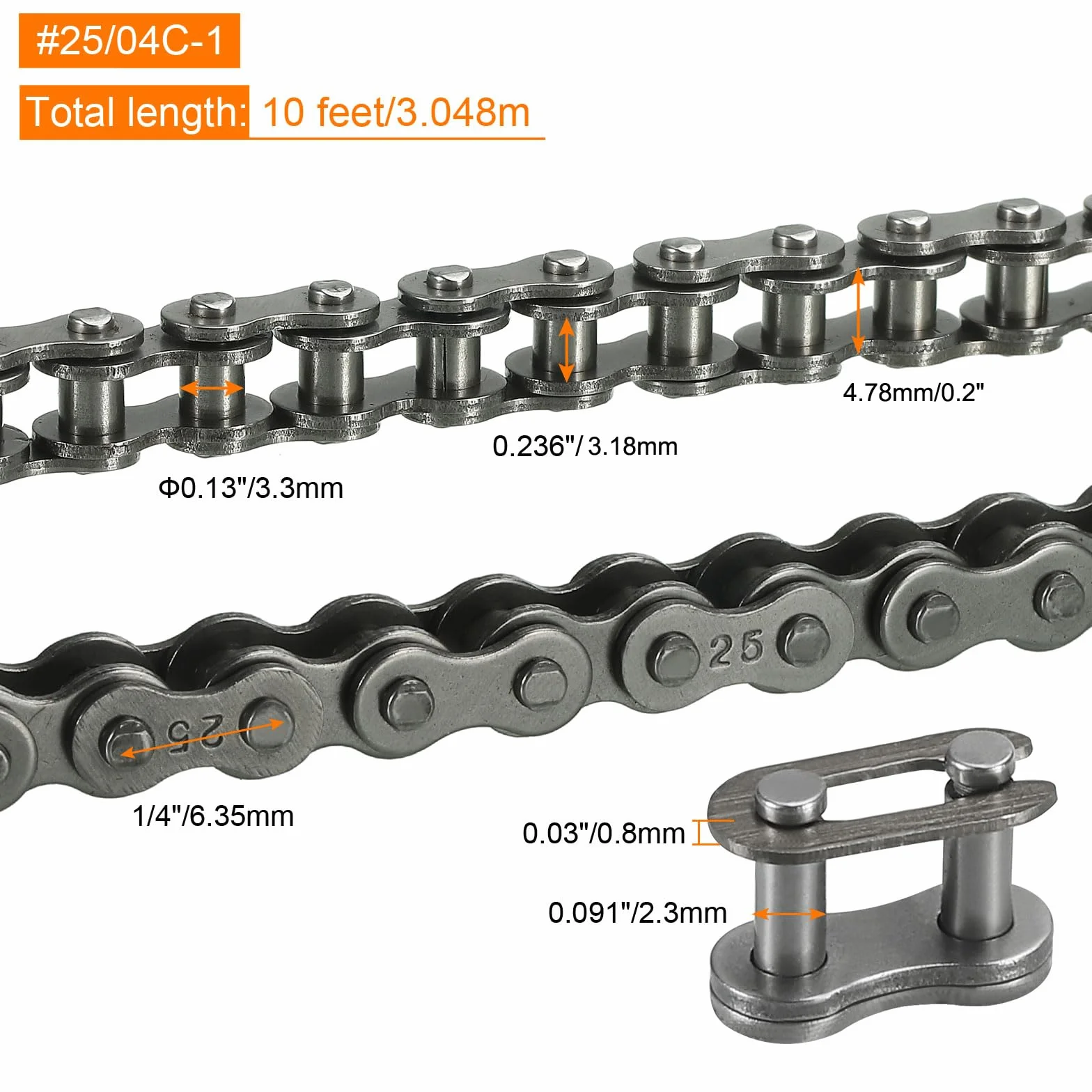 sourcing map #25/04C-1 Rollenkette, 3 m, 0,6 cm Teilung, Karbonstahl, Rollenketten mit 2 kostenlosen Master-Verbindungsgliedern für Mini-Bikes, Motorräder, 480 Glieder