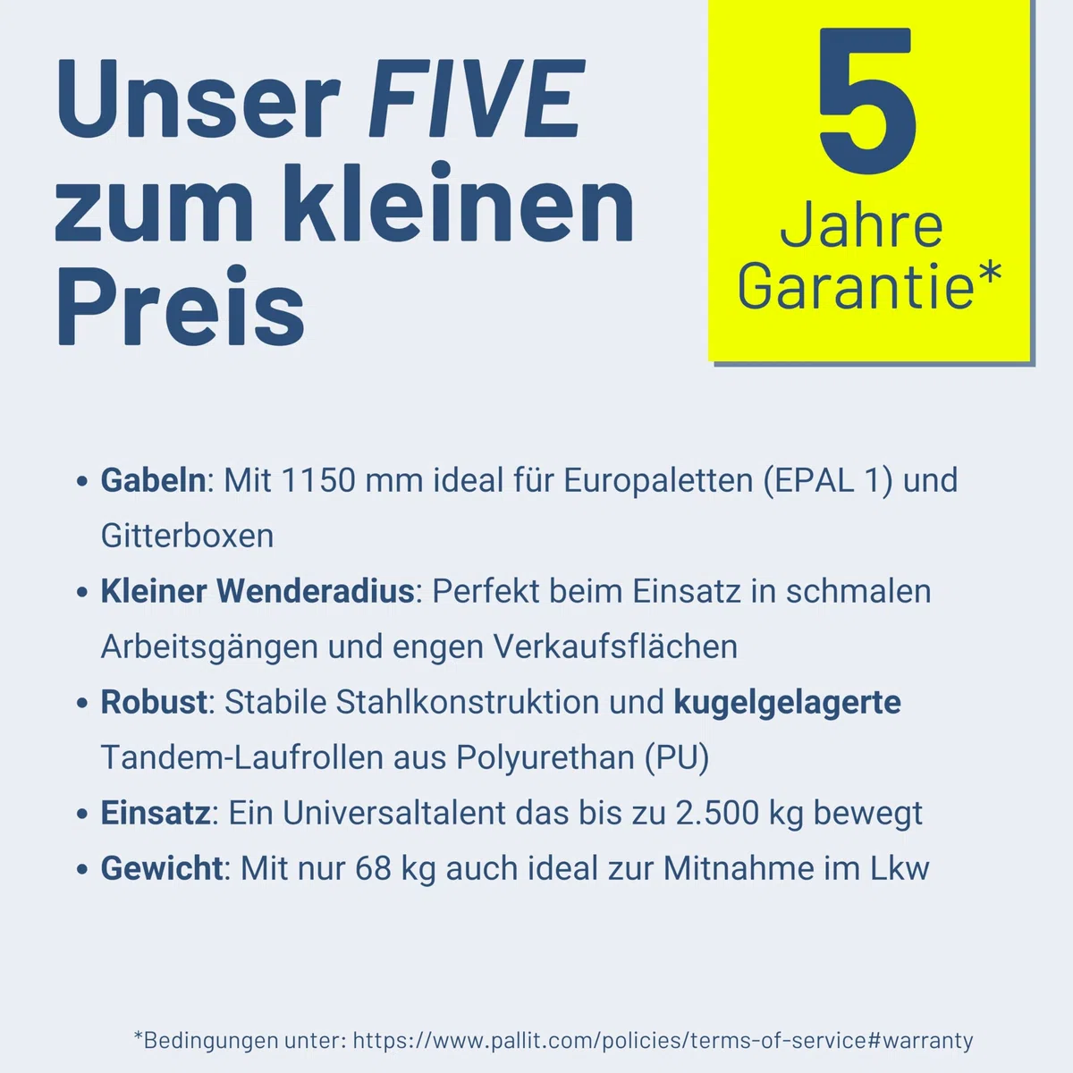 Pallit Five Hubwagen 2500 kg Palettenwagen 1150 mm Gabellänge Blau Robuster Gabelhubwagen mit PU Rollen Handhubwagen aus Stahl, langlebig