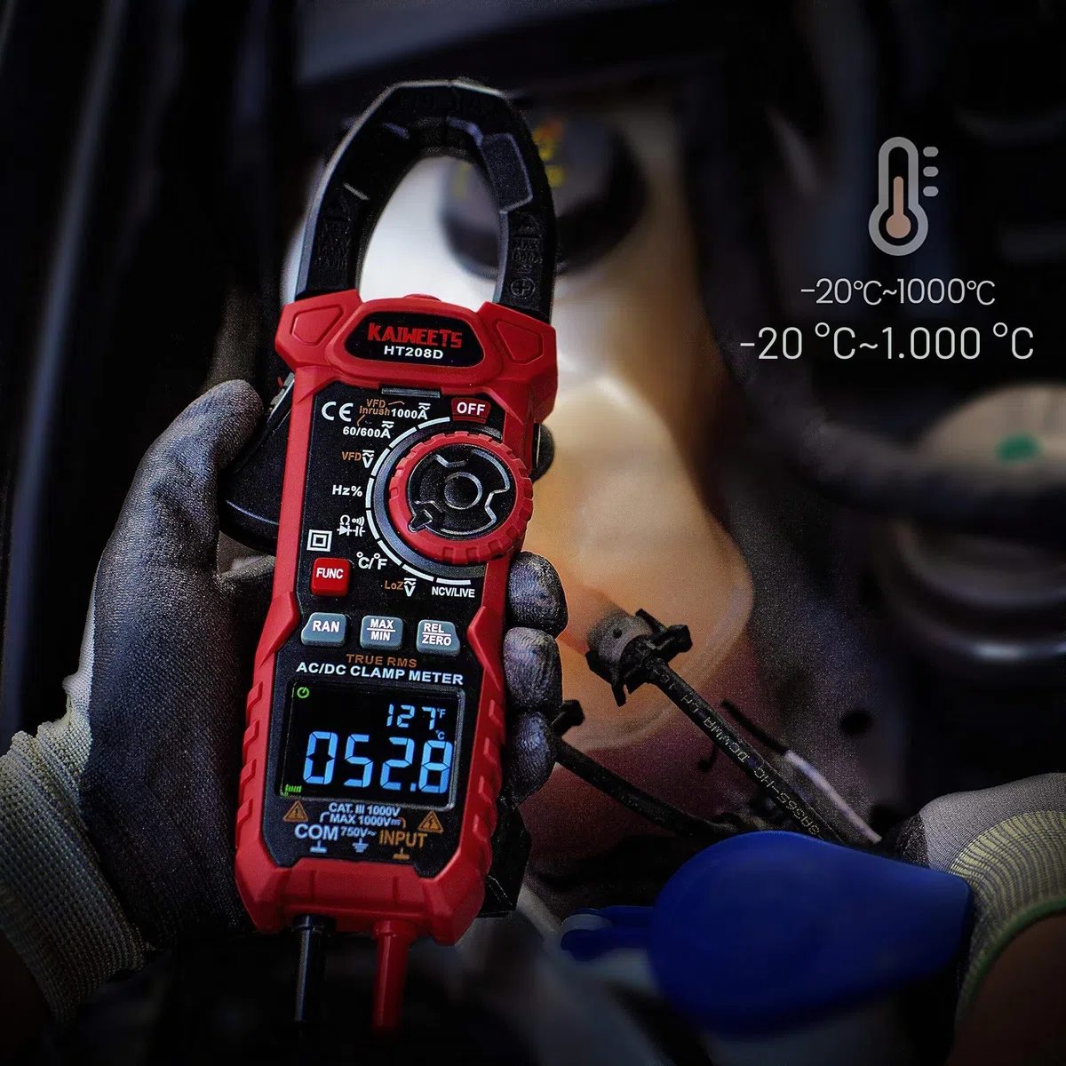 Einschaltstrom Stromzange 1000A True-RMS AC/DC-Zangenmultimeter, VFD, LOZ-Modus, 6000 Zähler, Misst Strom Spannung Temperatur Kapazität widerstand Dioden Kontinuität (HT208D)