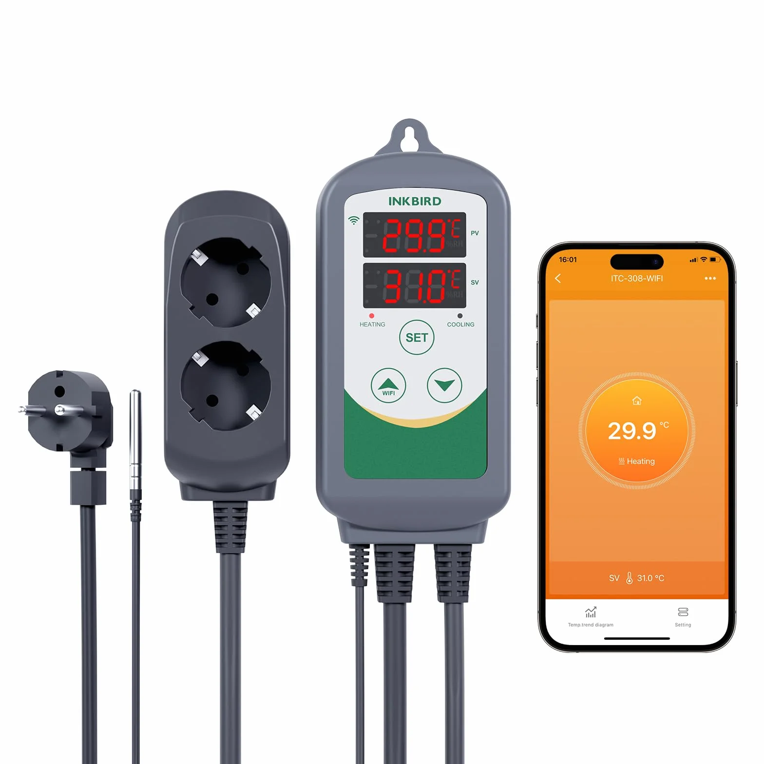 Inkbird Heizen Kühlen Thermostat, ITC-308-WIFI Steckdose Temperaturregler Fernsteuerung per App, Grau, Wi-Fi