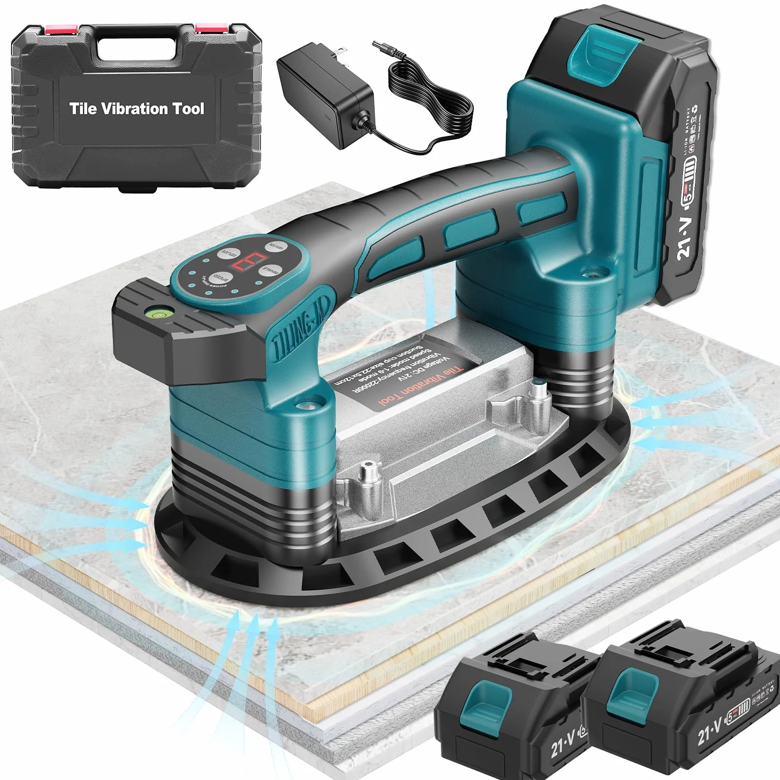 2IN1 Akku Fliesenrüttler & Saugnäpfen Kompatibel mit Makita 21V Batterie mit 2× 2.0Ah Akku, Fliesen Vibrationsgerät Fliesenvibrator 28000 U/min in 9 Gänge, 249KG Saugkraft für Fliesen, Glas, Marmor