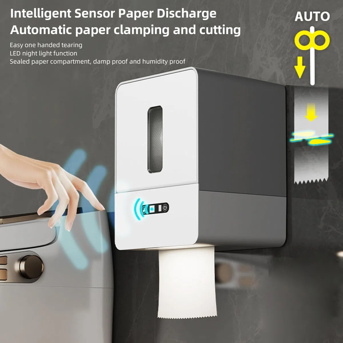 Automatischer Papierhandtuchspender, Berührungslos, Intelligenter Rollenpapierhalter Zur Wandmontage, Elektrischer Rollenpapierhandtuchspender mit Nachtlicht für Küche, (Gray)