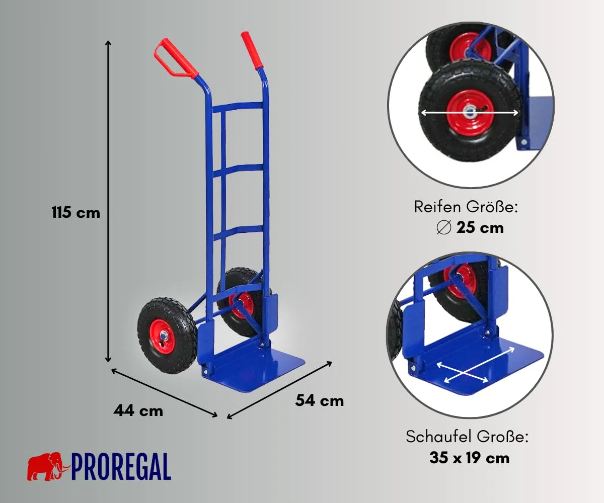 PROREGAL Sackkarre Odin | HxBxT 115x54,5x44,5cm | Tragkraft 200kg| Lufträder | Stahlrahmen | Blau | Transportkarre Staplerkarre klappbar