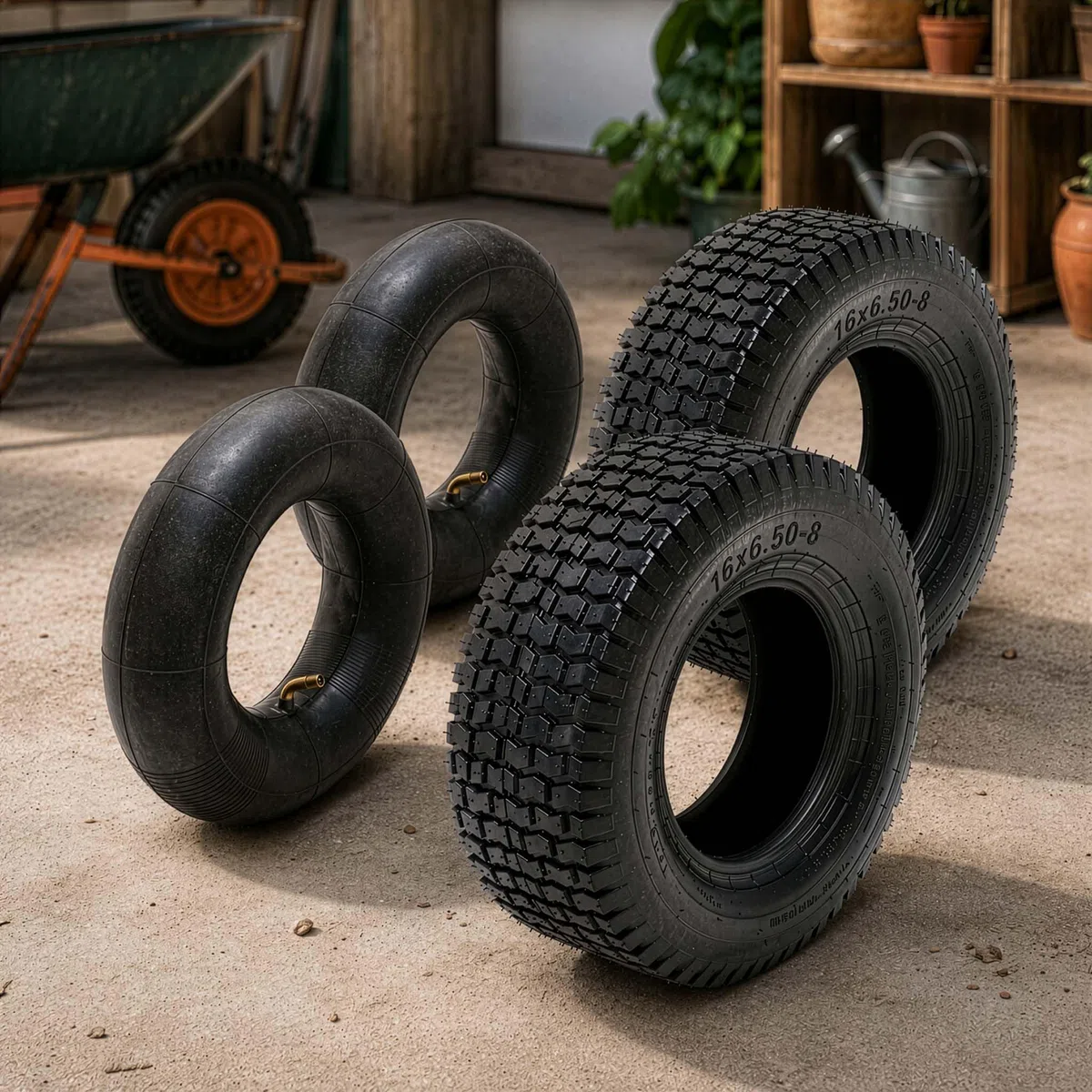 Wiltec 2x Reifenmantel 2x Schlauch für Aufsitzmäher/Rasentraktor 16x6.50-8 4PR Winkelventil