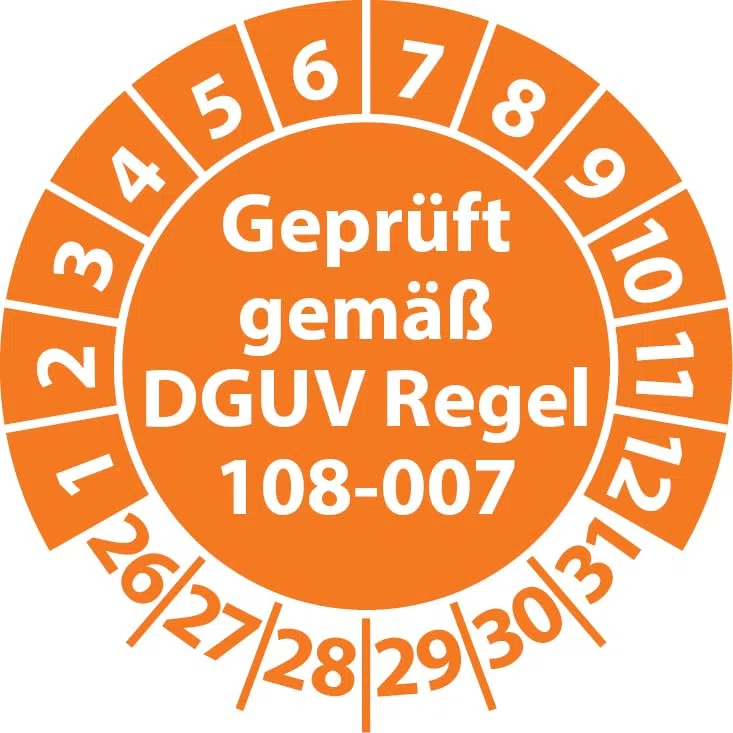Prüfplakette Geprüft gemäß DGUV Regel 108-007 Lagereinrichtungen, Vinylfolie, Prüfaufkleber, Prüfetikett, Plakette (35 mm Ø, Orange, 250)