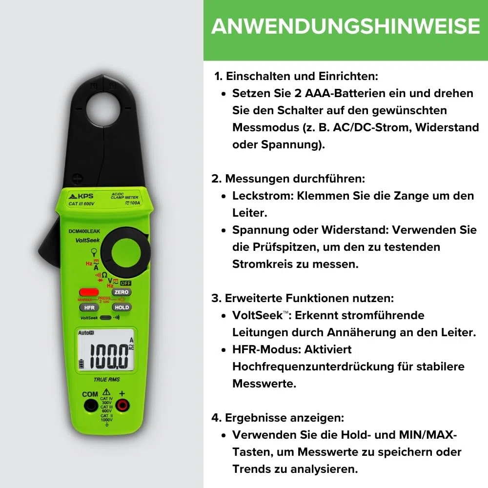KPS-DCM400LEAK Leckstromzange TRMS 20mA bis 100A AC/DC - Spannung 1000V AC/DC - Tiefpassfilter (50Hz - 800Hz) & NCV