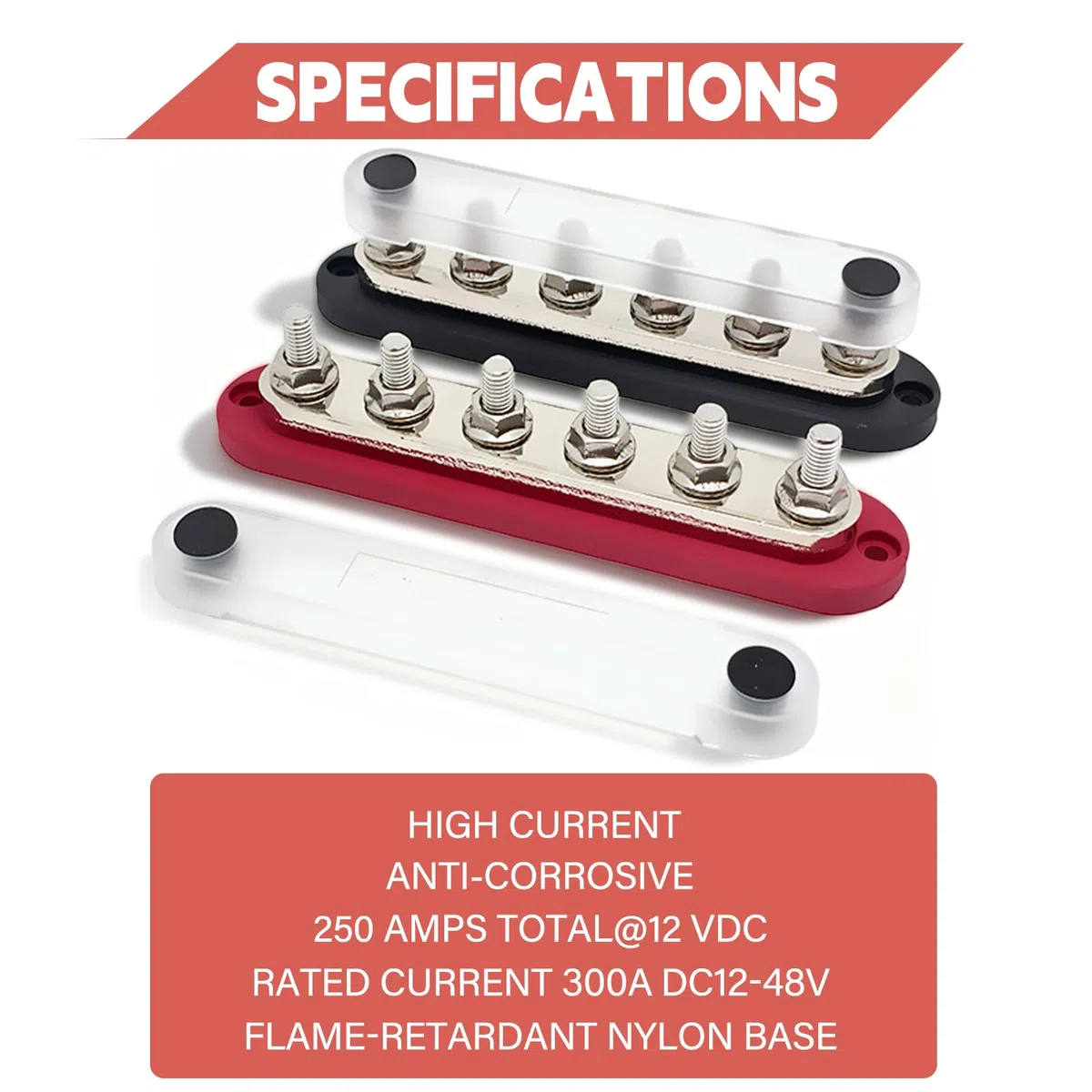 2 Stück M8 300A 12-48V Sammelschiene Stromverteiler Block Stromverteilungsblock Stromschiene Batterie Sammelschienenklemmenblock mit Abdeckung, Sammelschienen für Auto Wohnmobil Boot (Rot+Schwarz)