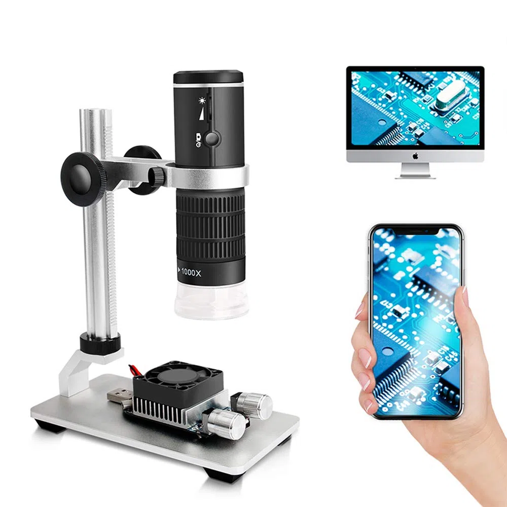 WiFi Digital Mikroskop für iPhone Android Phone Mac Windows HD 1080P Videoaufzeichnung 50x-1000x fache Vergrößerung Drahtloses tragbares Mikroskop mit Metallständer und Tragetasche