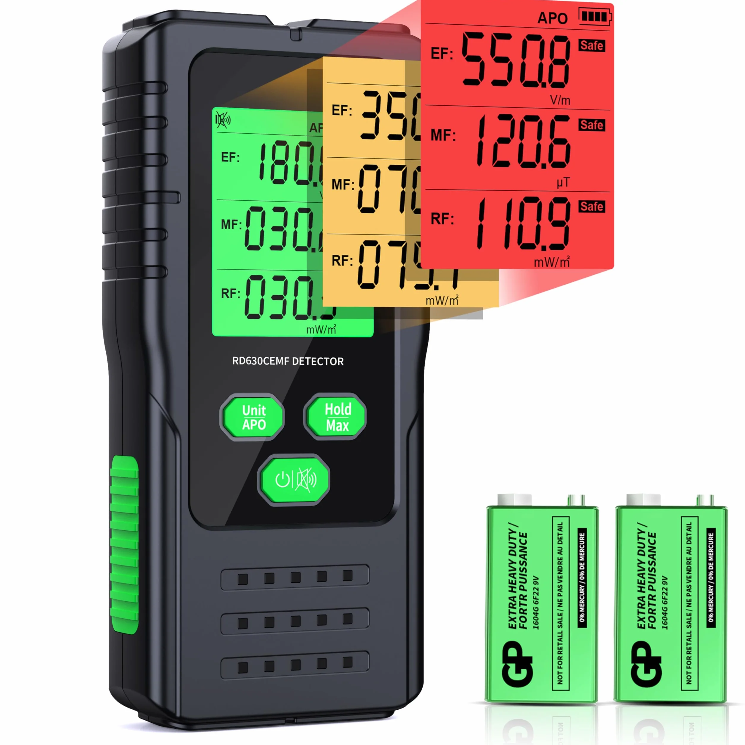 EMF Messgerät 3-in-1, YOJOCK tragbarer Strahlungsdetektor für EF, MF & RF Signale, inkl. zusätzlicher Batterie und deutscher Anleitung EMF Strahlungsmessgerät für Zuhause, Büro und Outdoor (Grün)