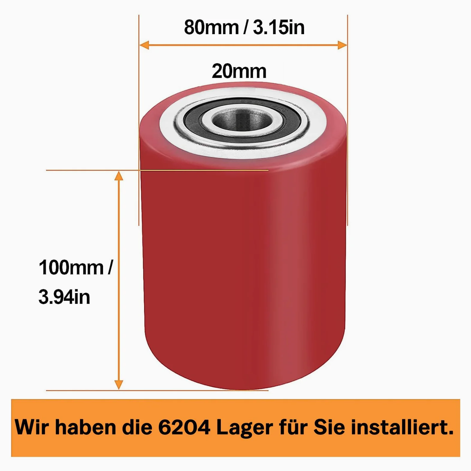 2 Stück Laufrolle Polyurethan 80 x 100 mm, Achse 20 mm inkl. Hubwagen Gabelhubwagenrolle Hubwagenrolle für Hubwagen Ersatzrollen, Max. Belastung 1400 KG