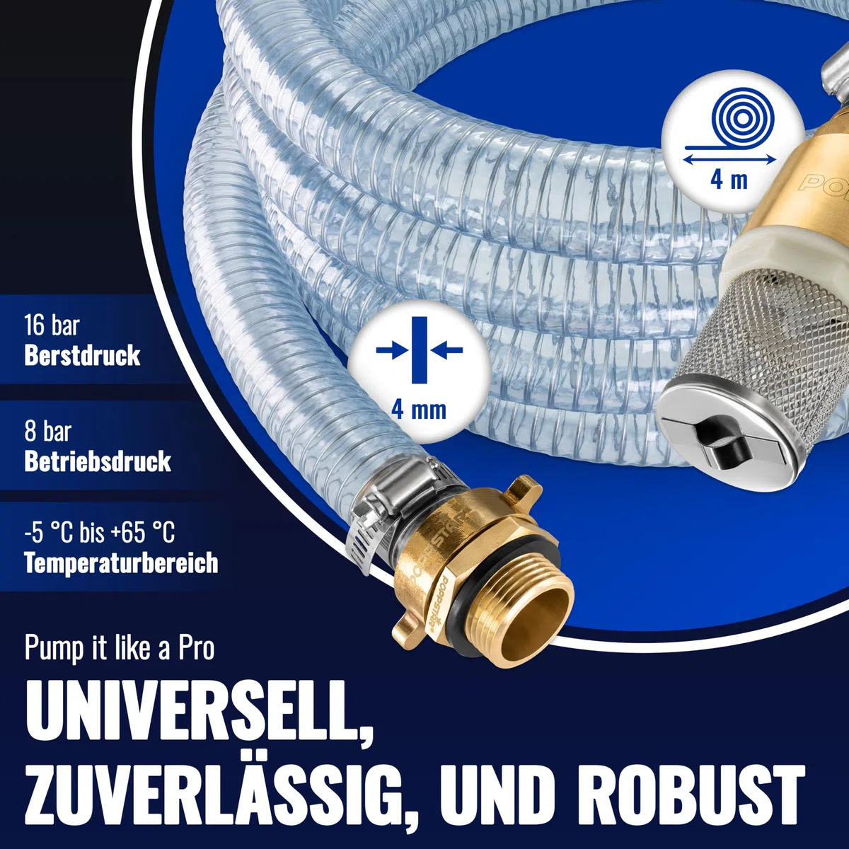 Poppstar Saugschlauch 1 Zoll 4m (ID 25mm, AD 33mm, 4mm Wandstärke), Edelstahlsaugkorb mit Rückschlagventil, Überwurfmutter ID 1 1/4" (41,9mm), Reduzierstück AD 1" (33,3mm)