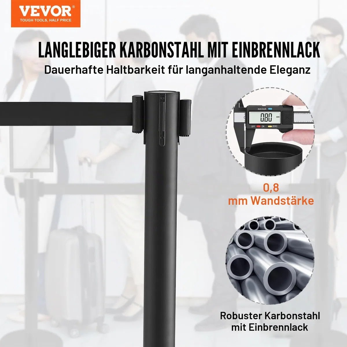 VEVOR Personenleitsystem Absperrband Absperrständer 6-teilig, 2 m x 48 mm Schwarzer Einziehbarer Gürtel, Personenleitsystem Absperrpfosten mit Schildern für Flughäfen, Messen, Wettkampforte usw.