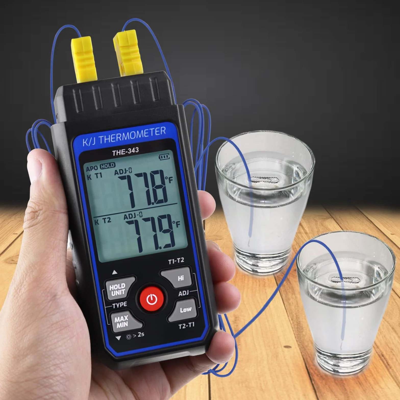 Thermoelement-Thermometer, digital, Typ K/J, mit 4 Thermoelementen vom Typ K, HVAC-Thermometer mit Alarm und Adj-Kompensation, Temperaturmessgerät, Messbereich -200 °C bis 1372 °C