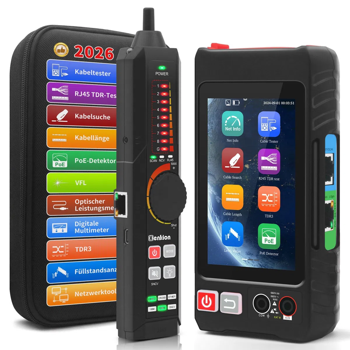 Henkion RJ45 Netzwerkkabeltester UTP-Kabeltester,Ethernet-Kabelverfolger, 4-Zoll-IPS-Touchscreen, unterstützt Netzwerktools, OPM, DMM, TDR, LEVEL METER, POE++-Erkennung, RJ45 TDR, Kabellänge,NCV