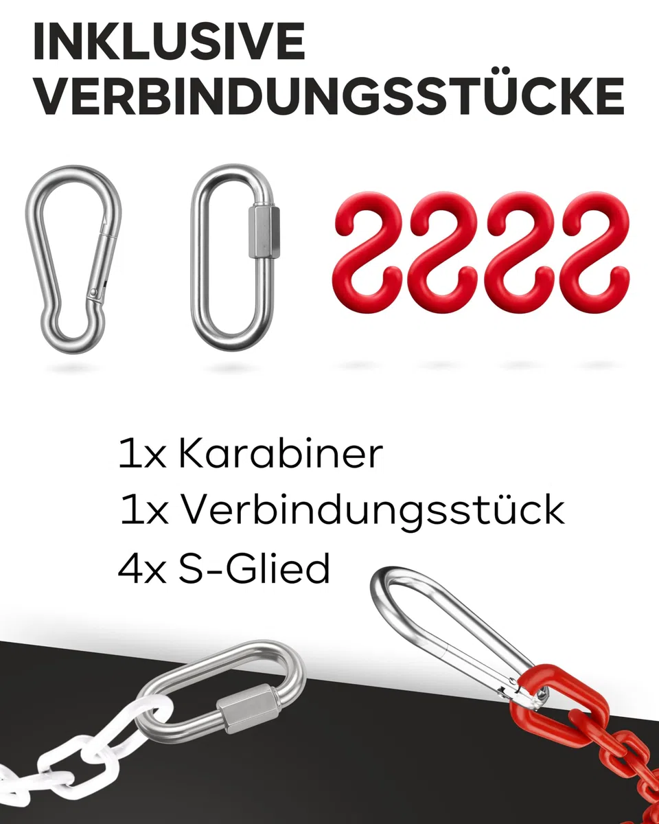 Absperrkette Rot Weiß Kunststoff - UV-Beständig & Witterungsfest – Inkl. 4x S-Haken, 1x Karabiner & Schraub-Karabiner – Absperrkette Kunststoff 25m zur Absperrung im Außenbereich - Absperrkette 25m