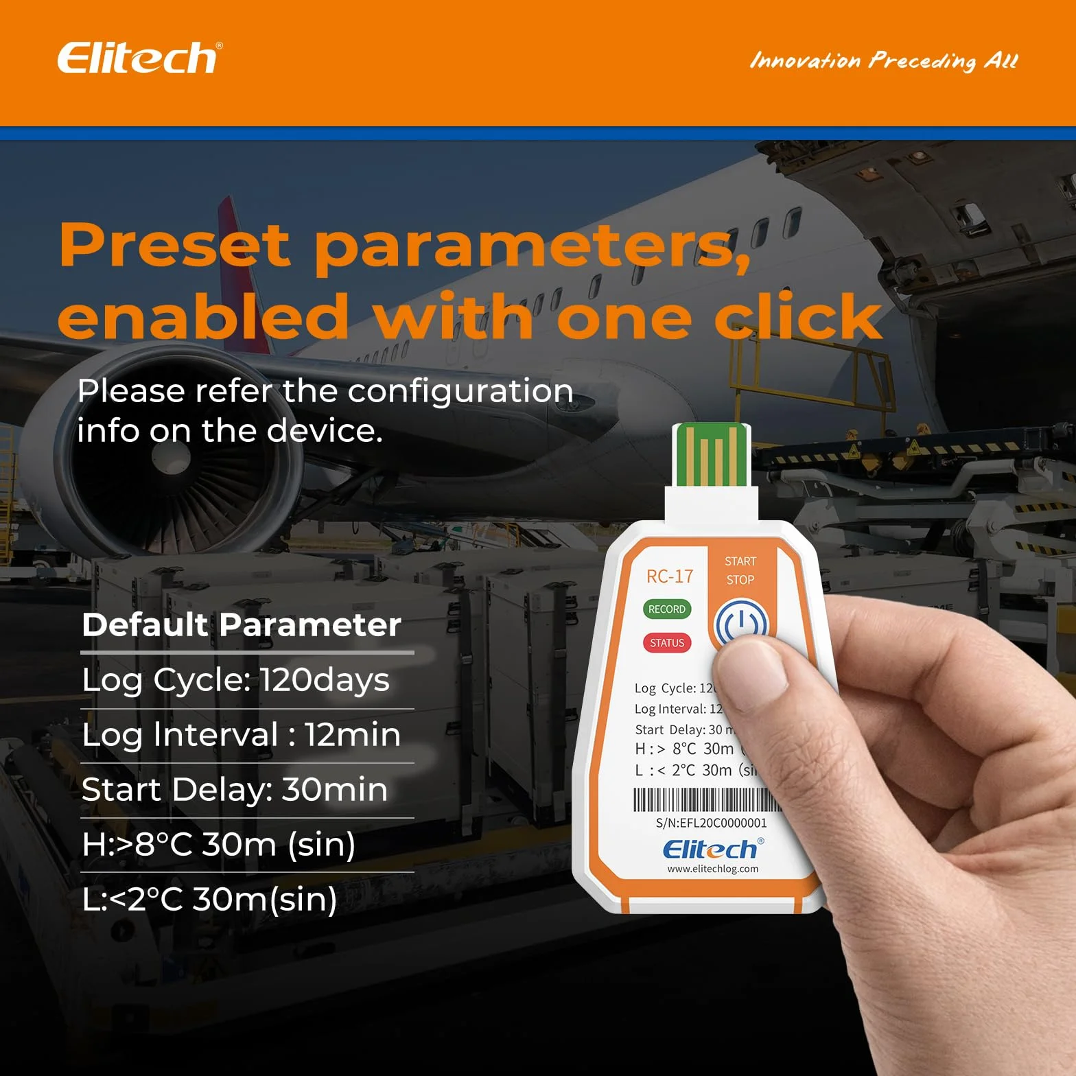 Elitech 10 Pack RC-17 Einweg-Temperaturlogger USB 180 Tage Daueraufzeichnung 16000 Datensätze für Lebensmittel Medikamente & Impfstoff-Kühlketten Alarmfunktion,IP67 Wasserschutz
