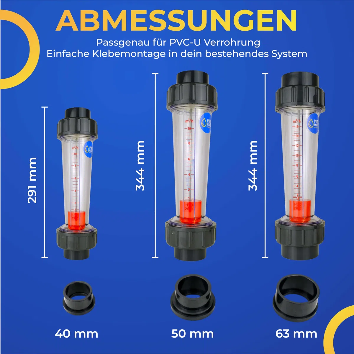 Durchflussmesser Pool 50mm, kompakt, 344mm Länge, Salt-Protect für Salzelektrolyse geeignet, Messbereich 1-10 m³/h, PoolMarie