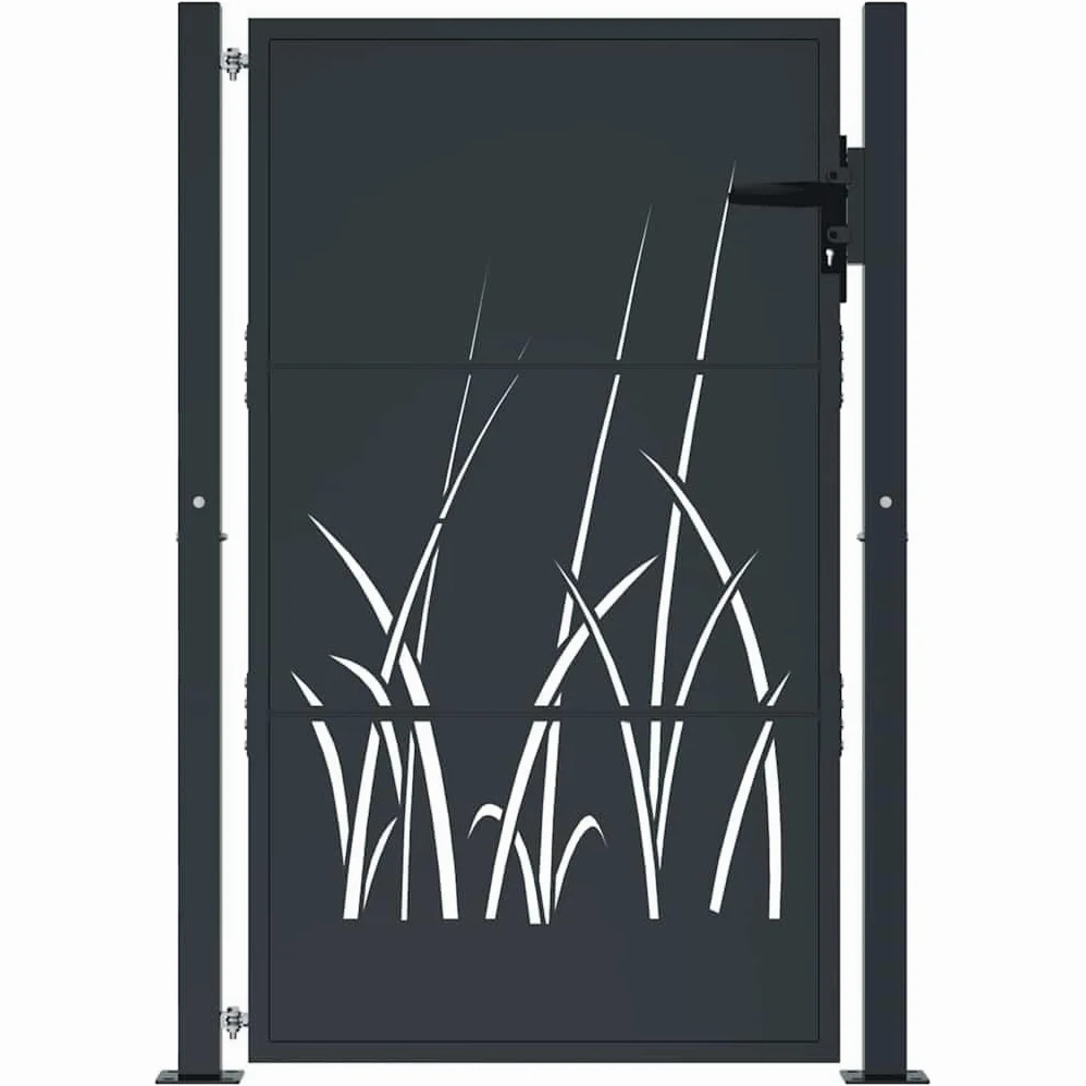 Gartentor Anthrazit aus verzinktem Stahl 110x130 cm mit Pfosten, abschließbares Flügeltor für Grundstück, Zaun, Hoftor, robustes Metall mit Rostschutz und elegantem Gras-Design