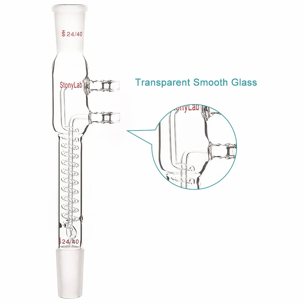 stonylab Glas Coil Reflux Kondensator, Borosilikat Glas Dimroth ReFlux Kondensator mit 24/40 Gelenk und Schlauchanschlüsse, 245 mm Gesamtlänge Coil Reflux Condenser