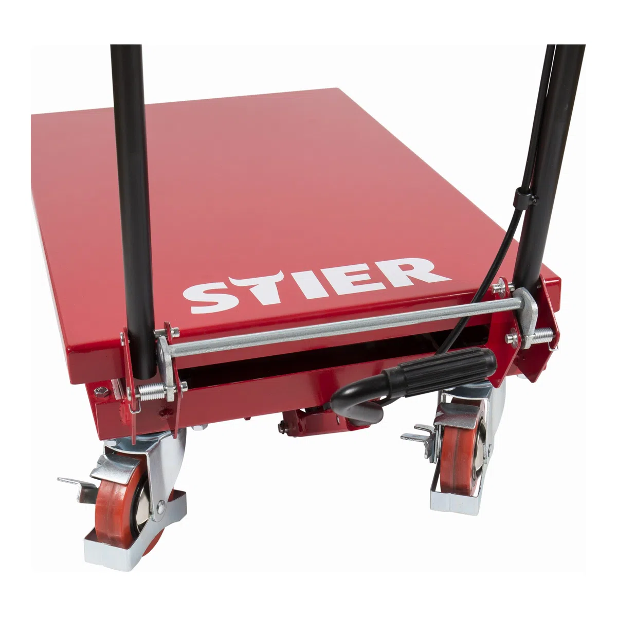 STIER Scheren-Hubtischwagen mit klappbarem Bügel, Fahrbarer Hubtisch mit 150 kg Traglast, Plattform 700x450mm, Hubbereich 220mm-720mm, hydraulisch, Polyurethan-Bereifung