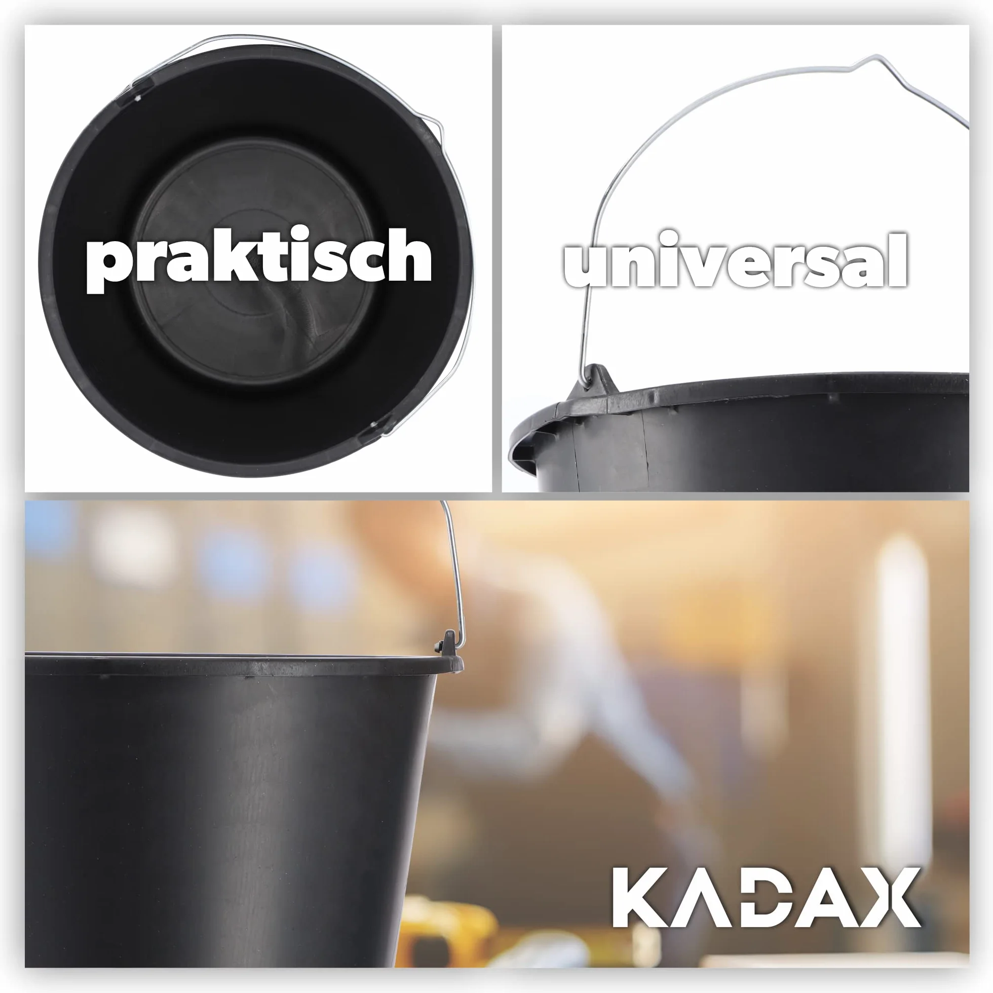 KADAX Baueimer, 20L, Mörteleimer aus Kunststoff, runder Eimer für Baustelle und Garten, Stabiler Wassereimer, Zementeimer mit Griff aus Metall, Mörtelkasten, schwarz, Putzeimer (12)