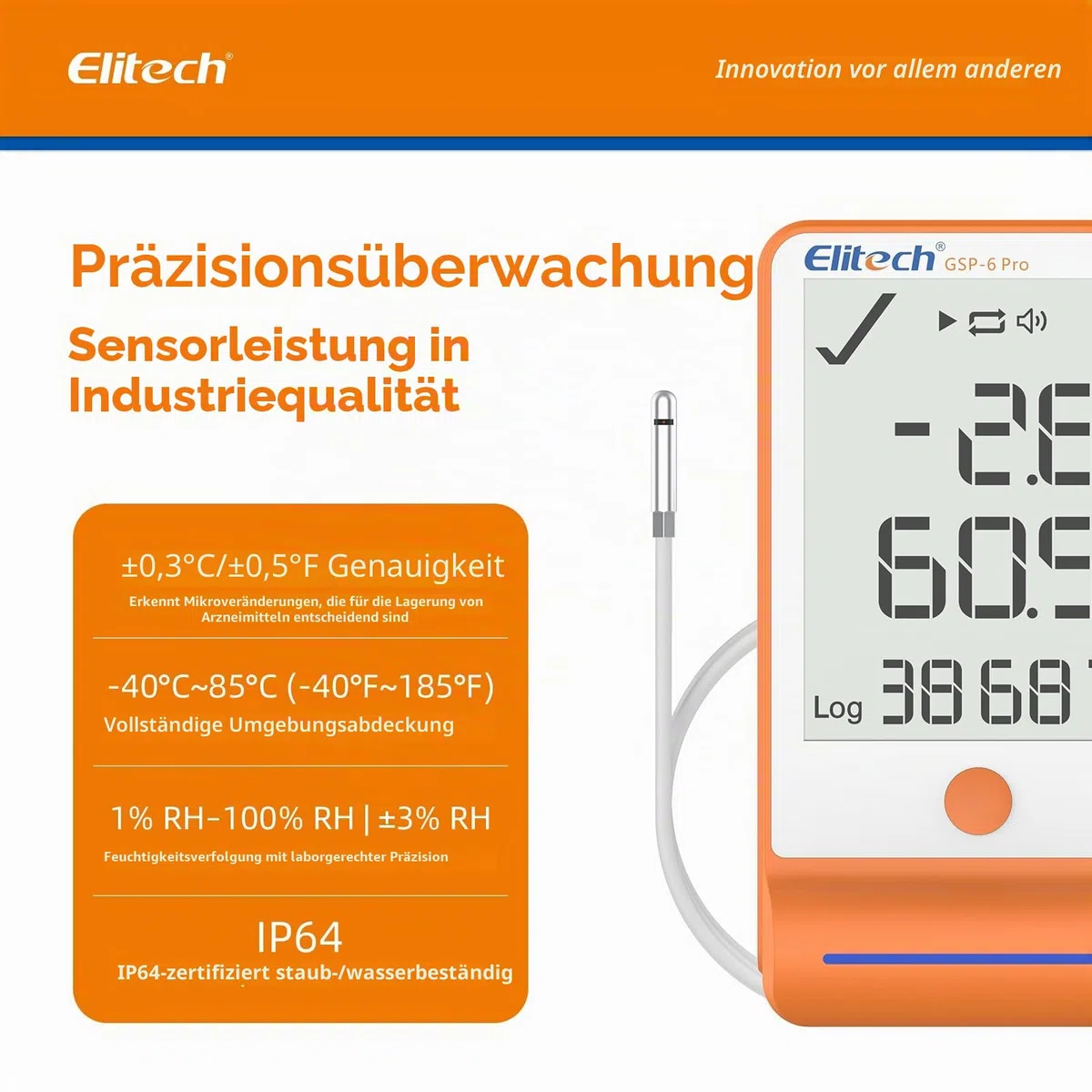 Elitech GSP-6 Pro-TE+THE Temperatur Datenlogger,Temperatur- und Luftfeuchtigkeits-Datenlogger, Große Speicherkapazität, Externer Sensor, Alarmfunktion, Kostenlose Datenexport-Software