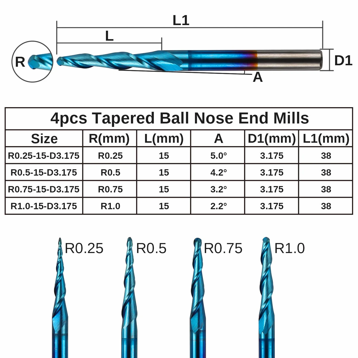 Genmitsu 4 Stück 2-Nuten- Kugelkopffräser mit konischer Spitze, Vollhartmetallfräser mit Nano Blue-Beschichtung, R0,25mm-1,0mm, 3,175mm (1/8 Zoll) Schaft, TB04A