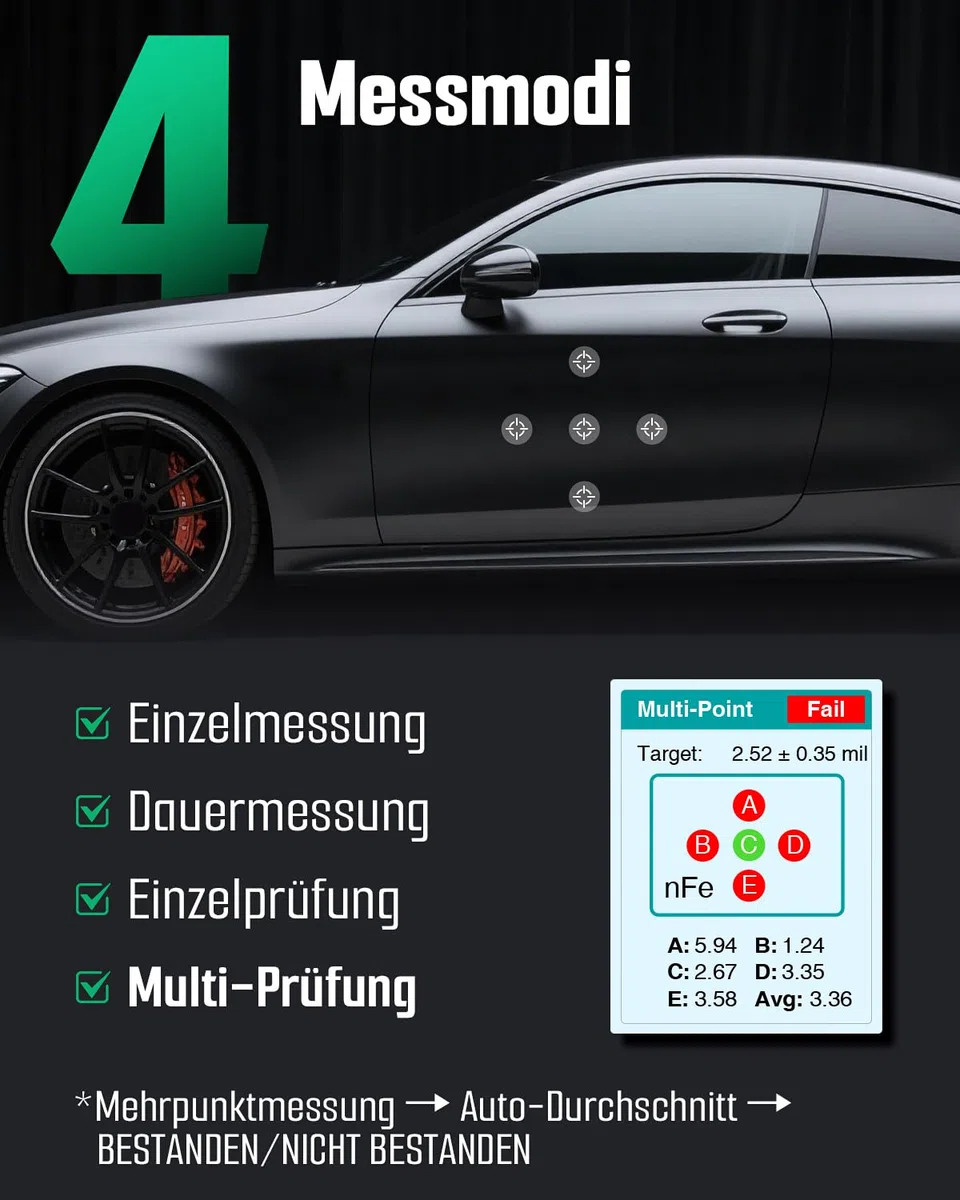 TESMEN TCG-2001 Lackschichtdickenmessgerät für Autos, Digitales Lackmessgerät mit Balkendiagramm, 4-Wege-Farbdisplay mit Hintergrundbeleuchtung, Alarm, Fe/NFe-Sonde – Grün