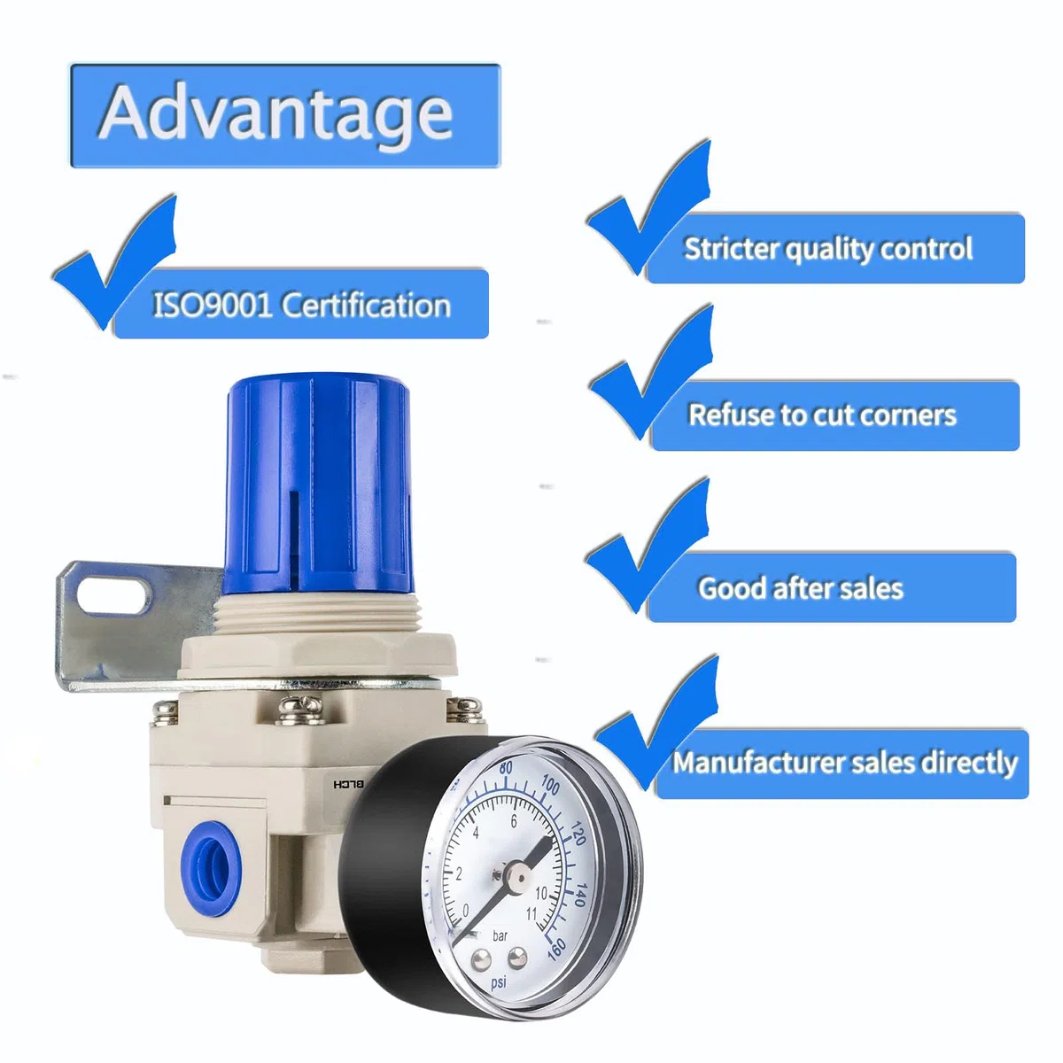 BLCH 1/4" BSP Druckluftregler - Druckregler für Kompressor, Kompressorregler mit Lufttrocknungssystem AR2000-02 inkl. Manometer (0-160 PSI)