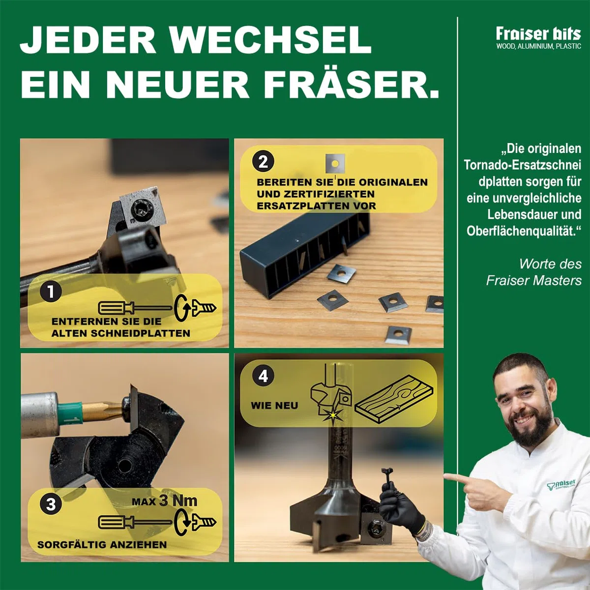 Fraiser Hartmetall-Wendeplatten (HM/Widia) für Planfräser Tornado - 10 Stück (12x12 mm)