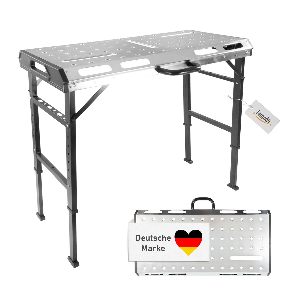 Lemodo Schweißtisch klappbar – Mobile Werkbank aus Stahl, 7-Fach höhenverstellbar, belastbar bis 450 kg, neigbare Arbeitsplatte, kompakt Faltbarer Werkzeugtisch für Werkstatt, Garage und Baustelle
