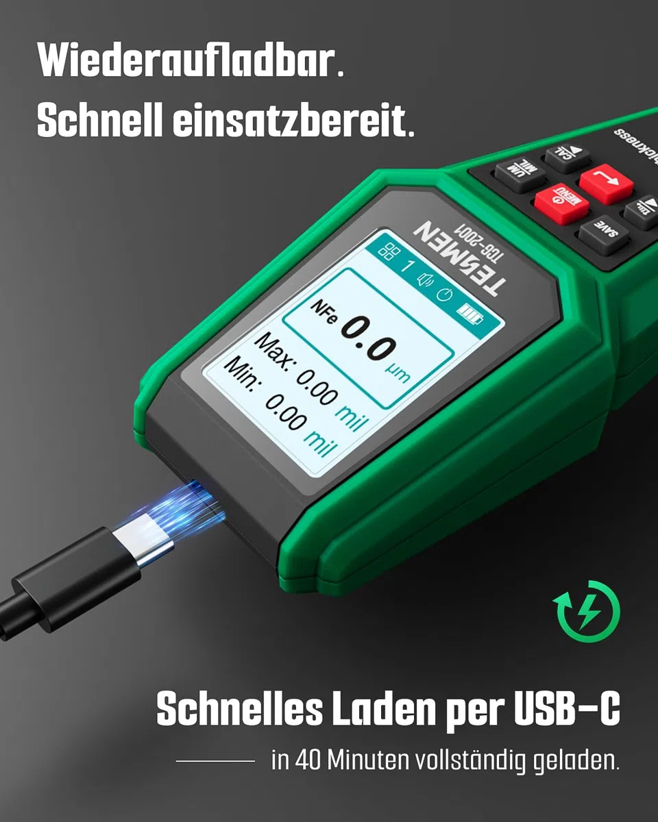 TESMEN TCG-2001 Lackschichtdickenmessgerät für Autos, Digitales Lackmessgerät mit Balkendiagramm, 4-Wege-Farbdisplay mit Hintergrundbeleuchtung, Alarm, Fe/NFe-Sonde – Grün