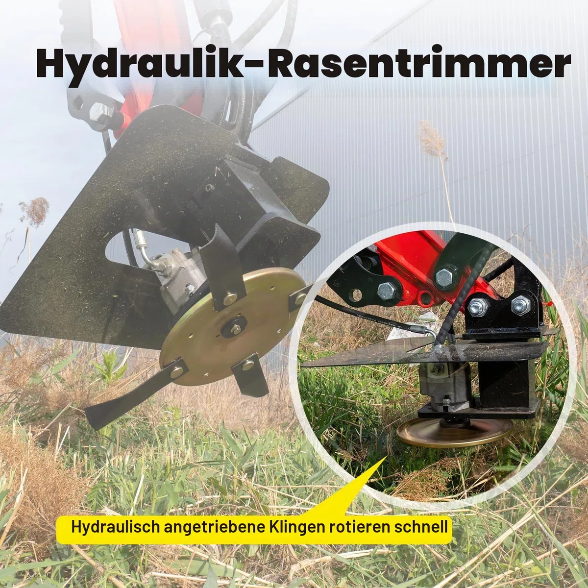 Rotationsmähwerk für Minibagger 1–2 t, mit 2 Bolzen | 90mm Spannweite, Rasenmäher Zubehör für Bagger, verschleißfest, robust für Gras, Bauernhöfe, Unkraut & Geländepflege