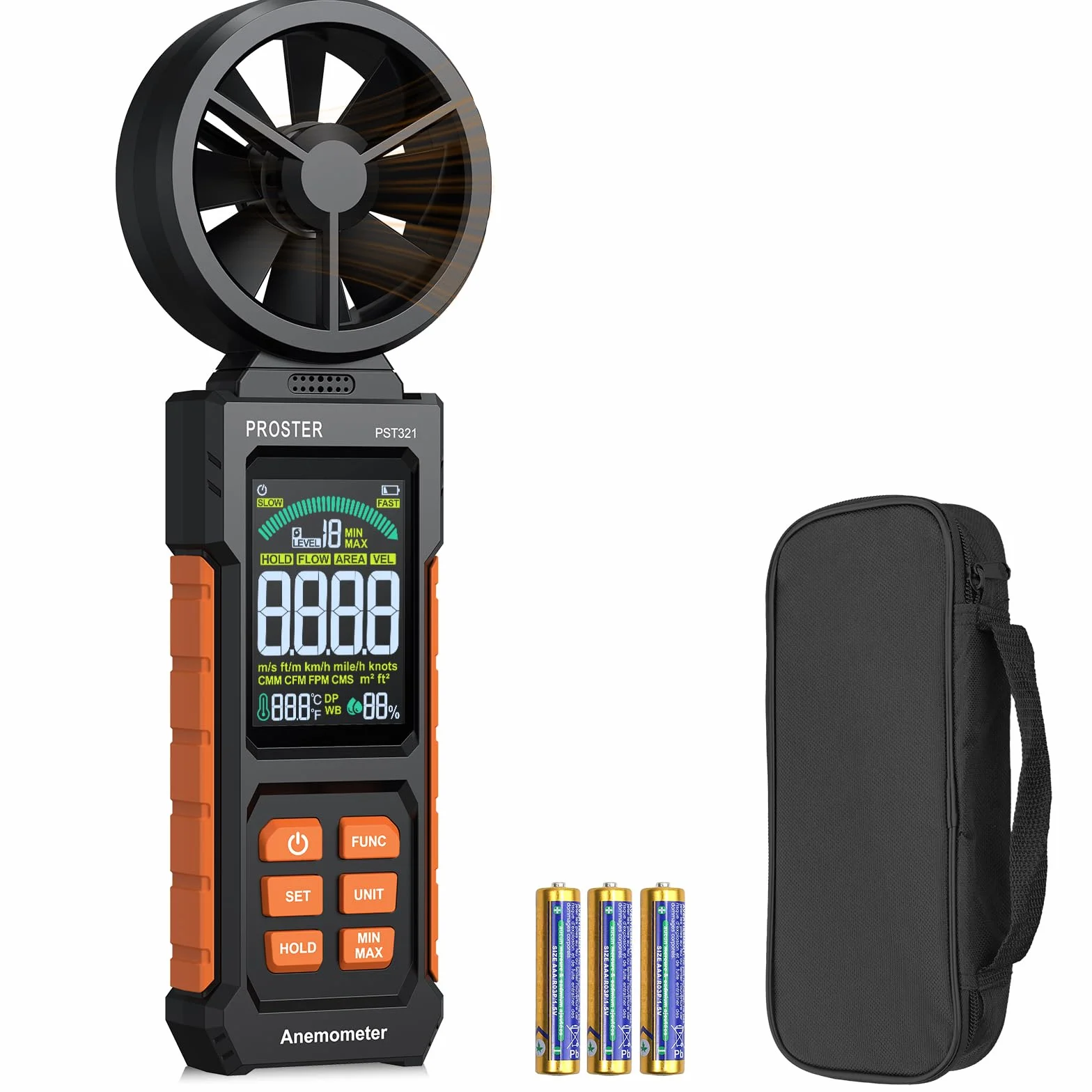 Proster Digitales Anemometer Windgeschwindigkeitsmesser（CFM CMM CMS）mit Farbdisplay und Hintergrundbeleuchtung – Luftvolumenmessgerät mit Lufttemperatur Test für Outdoor, Segeln, Schifffahrt