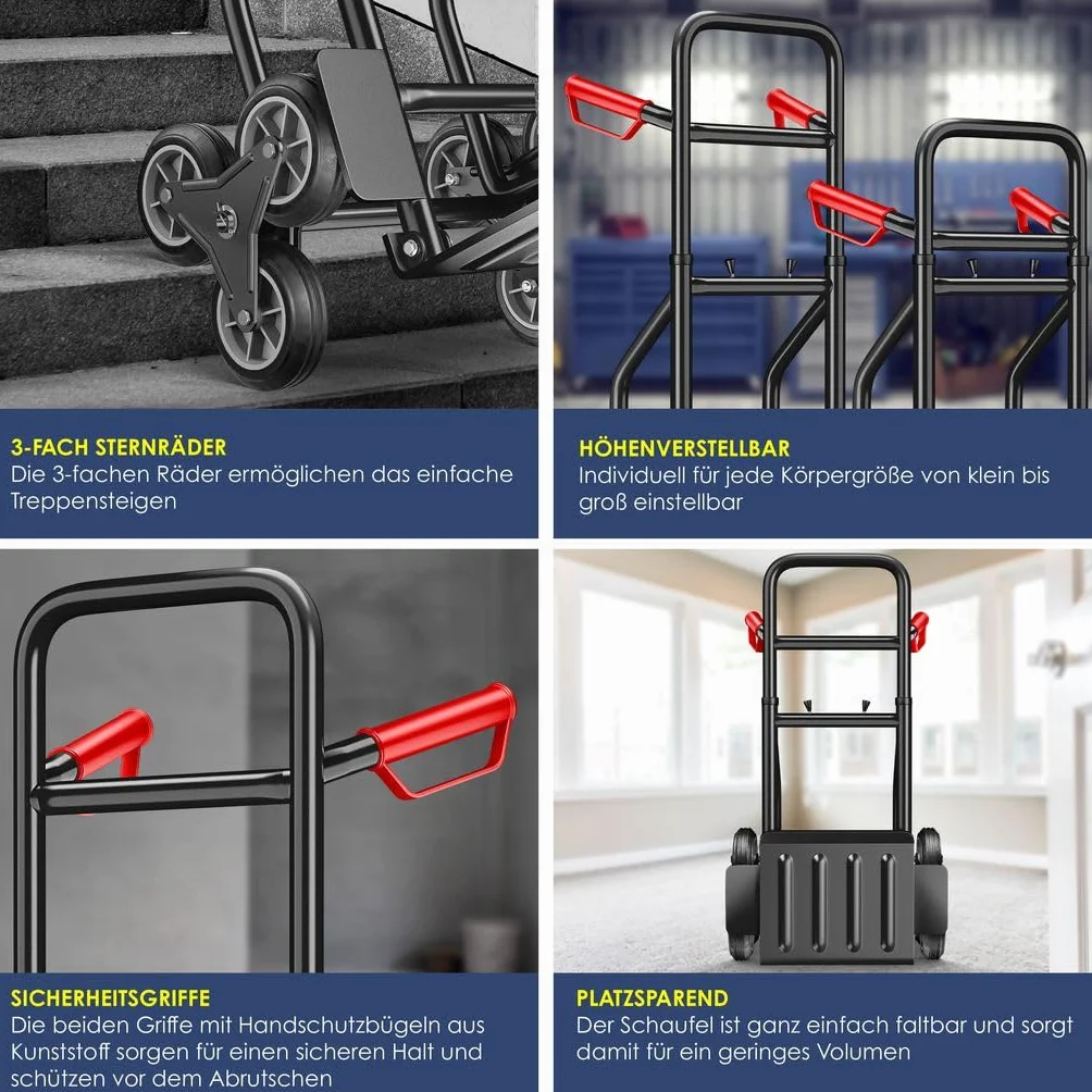 MASKO® Treppenkarre Sackkarre 200kg Transportkarre Treppensteiger Stapelkarre,klappbar Treppensackkarre Hartgummireifen| Kunststoff Griffe | Stahl Rahmen | 3-Fach Sternräder |Inkl. Handschuhe,Schwarz