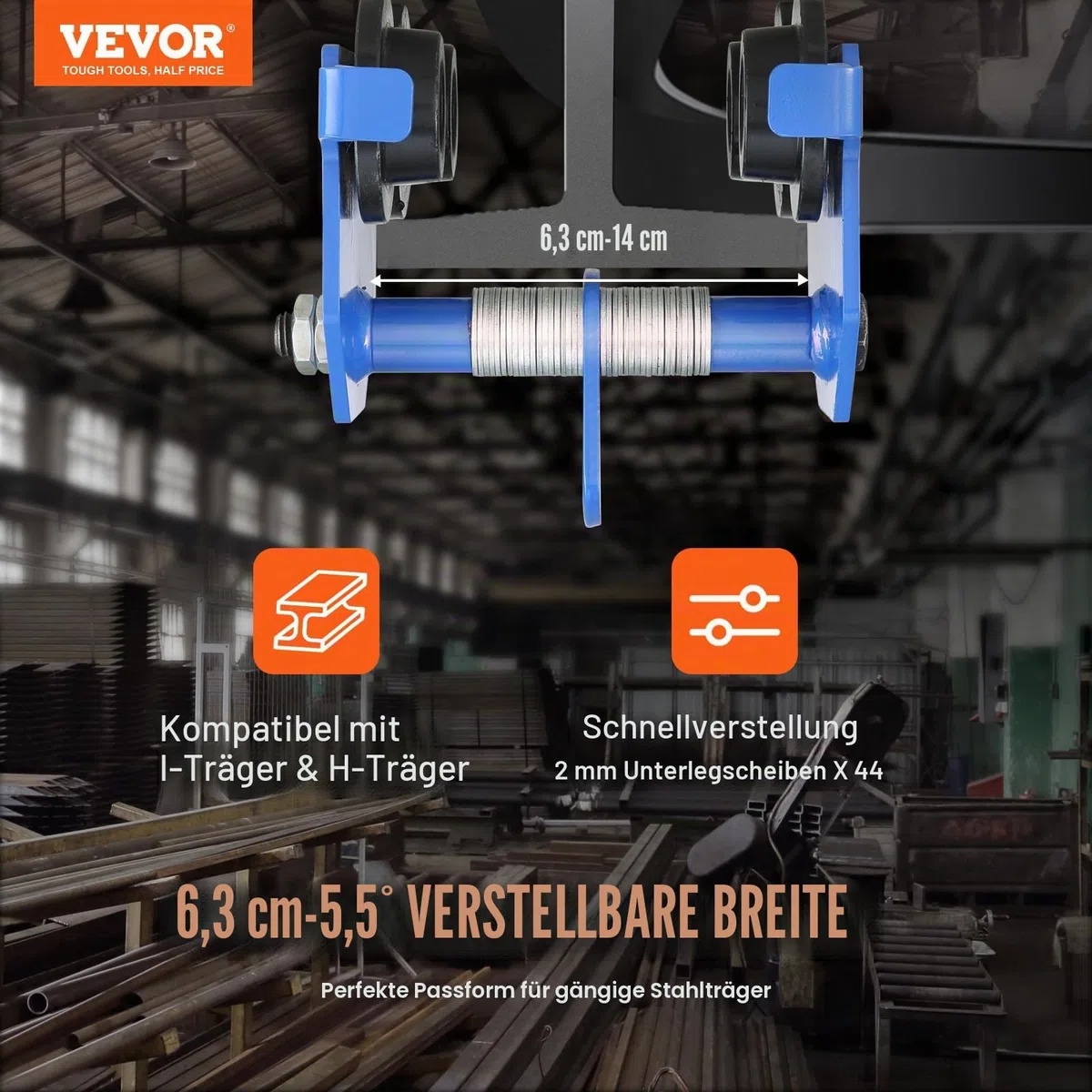 VEVOR Laufkatze 0,5 T Tragkraft Rollfahrwerk mit Doppelrädern, einstellbar für I-Trägerflanschbreite 63,5 bis 139,7 mm Hochleistungs-Garagenhebezeug aus legiertem Stahl für gerade gebogene I-Träger