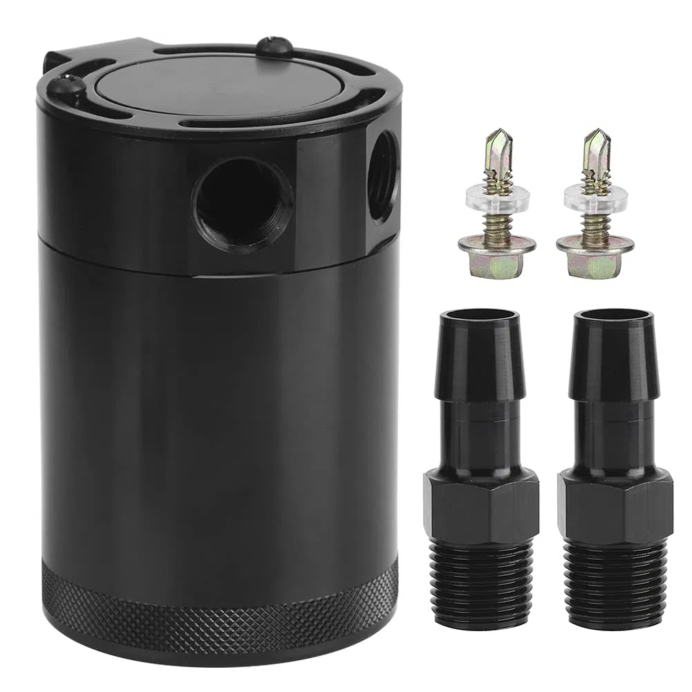 Ölauffangbehälter mit 2 Anschlüssen, Luft-Öl-Abscheider aus Aluminiumlegierung, Schützt Ladeluftkühler und Ansaugsystem, Verbessert die Ölabscheidung, 50-Mikron-Bronzefilter,