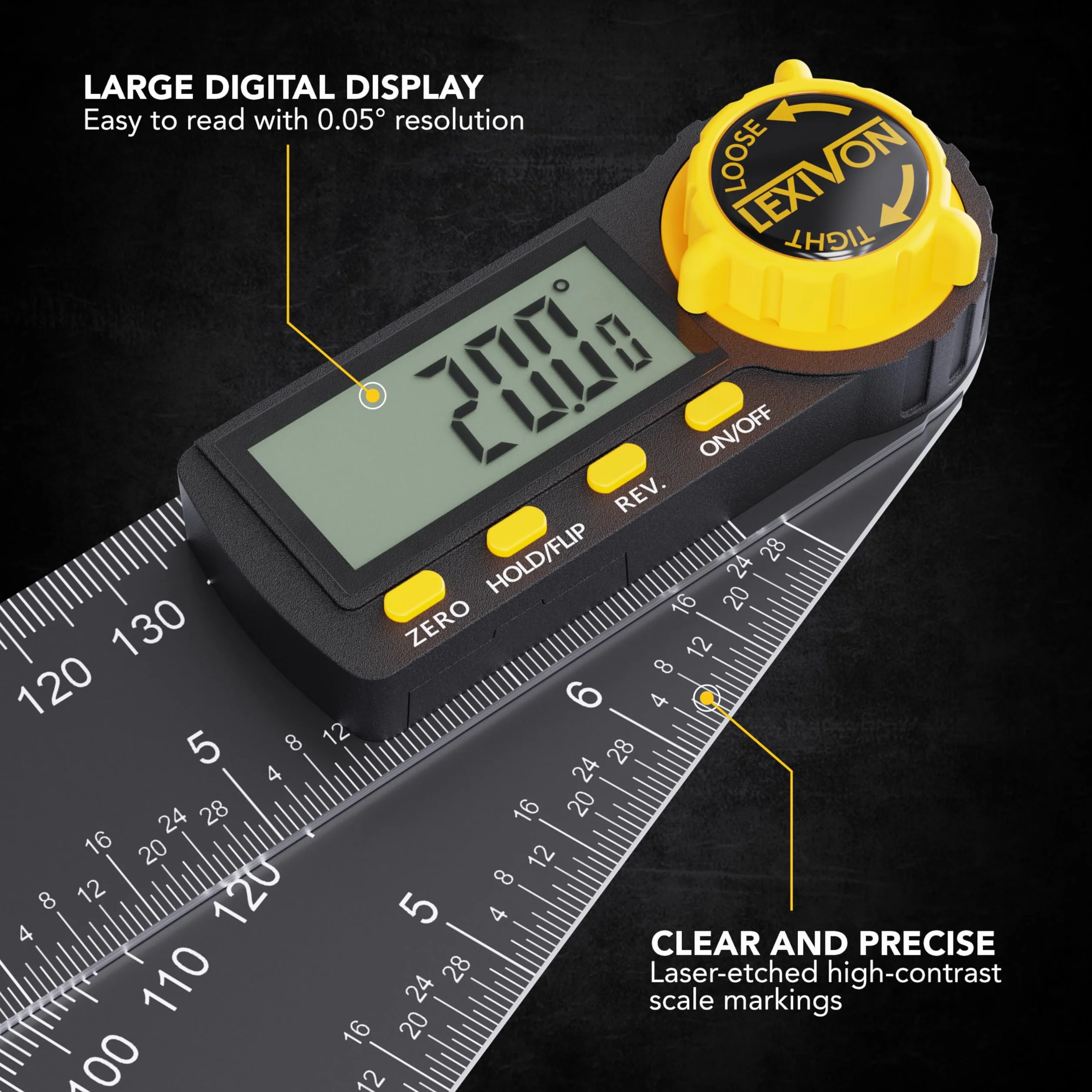 LEXIVON Digitaler Winkelmesser aus Aluminium, 180 mm, Digital Winkellehre Mehrzweck-Winkelmessgerät, inklusive XL-Display und robuster Reißverschlusstasche (LX-DAF7)