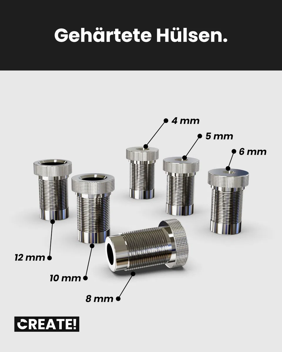 CREATE! Bohrlehre | Bohrhilfe | Bohrschablone mit gehärteten Hülsen für Bohrer mit einem Druchmesser von Ø 4, 5, 6, 8, 10 und 12 mm