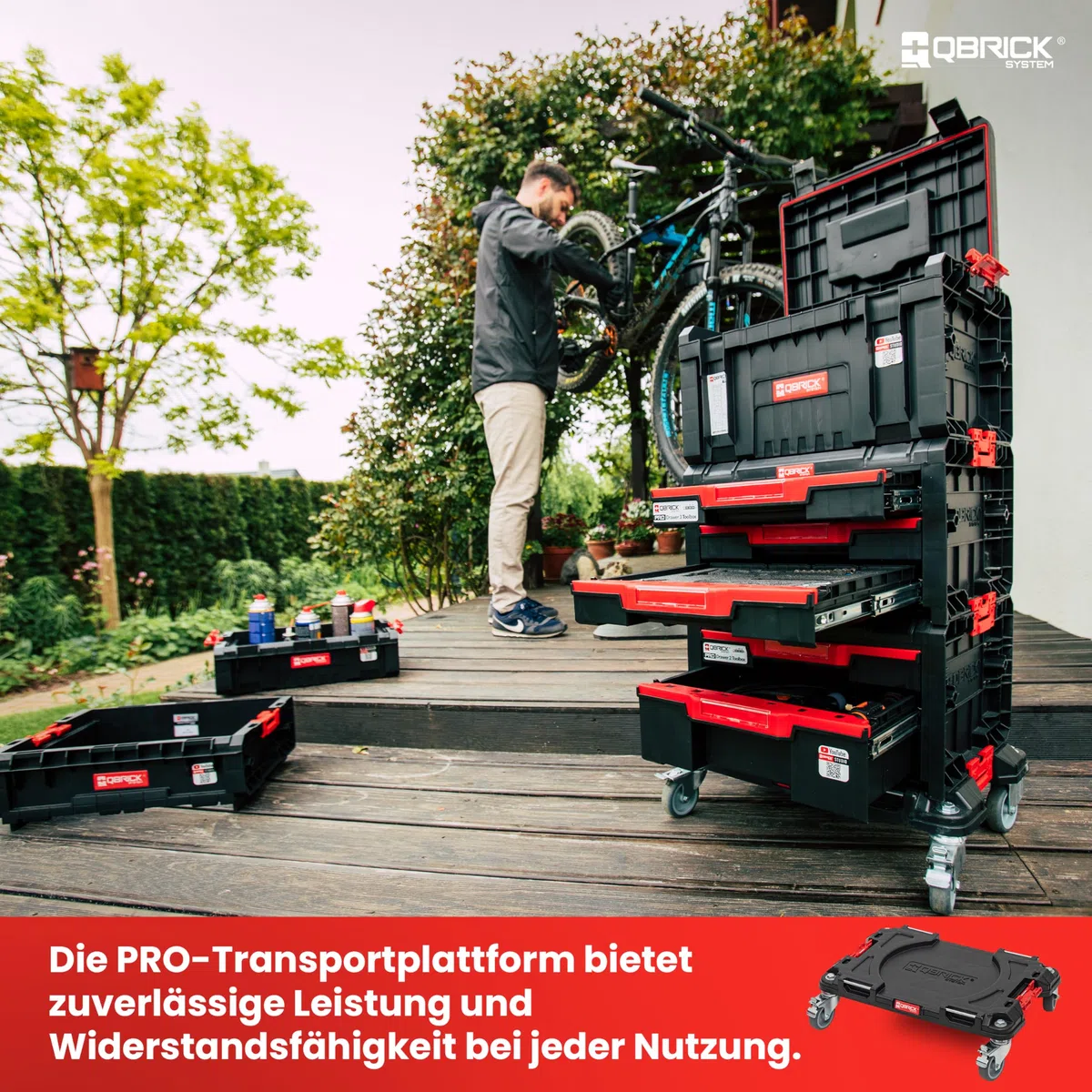 Qbrick System Transportroller Rollbrett Transportbrett 100 kg Tragkraft PRO Transport Platform Schwarz Rot 506 x 325 x 140 mm